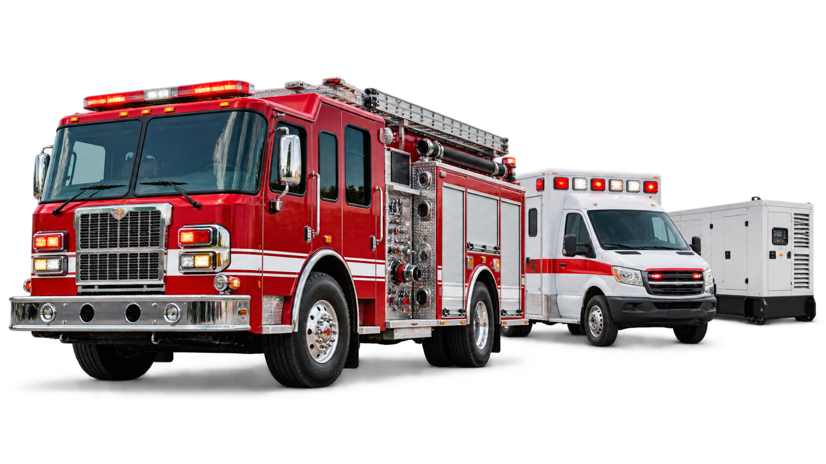 Fire engine, ambulance and industrial generator on a transparent background
